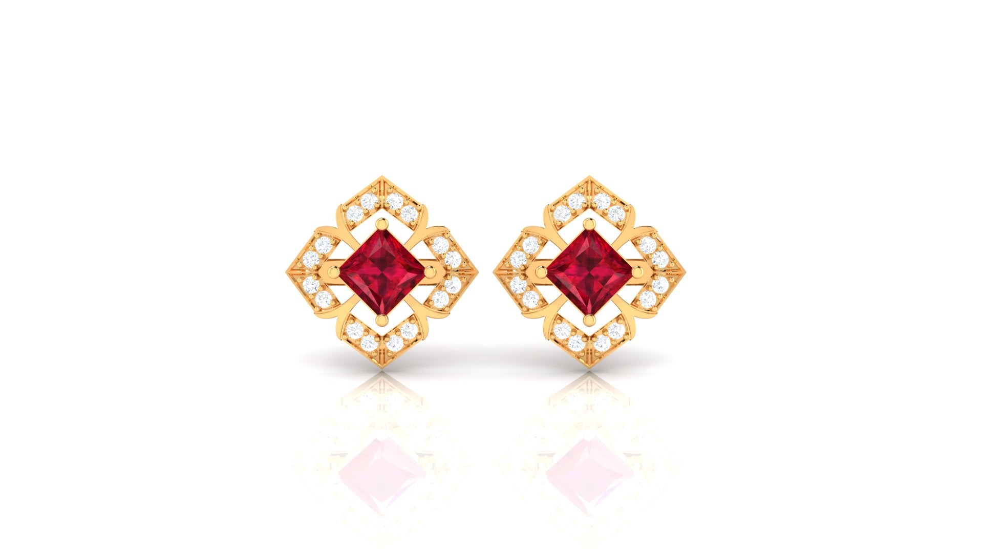 Princess Cut Created Ruby and Diamond Square Stud Earrings