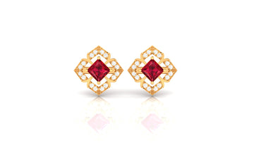 Princess Cut Created Ruby and Diamond Square Stud Earrings